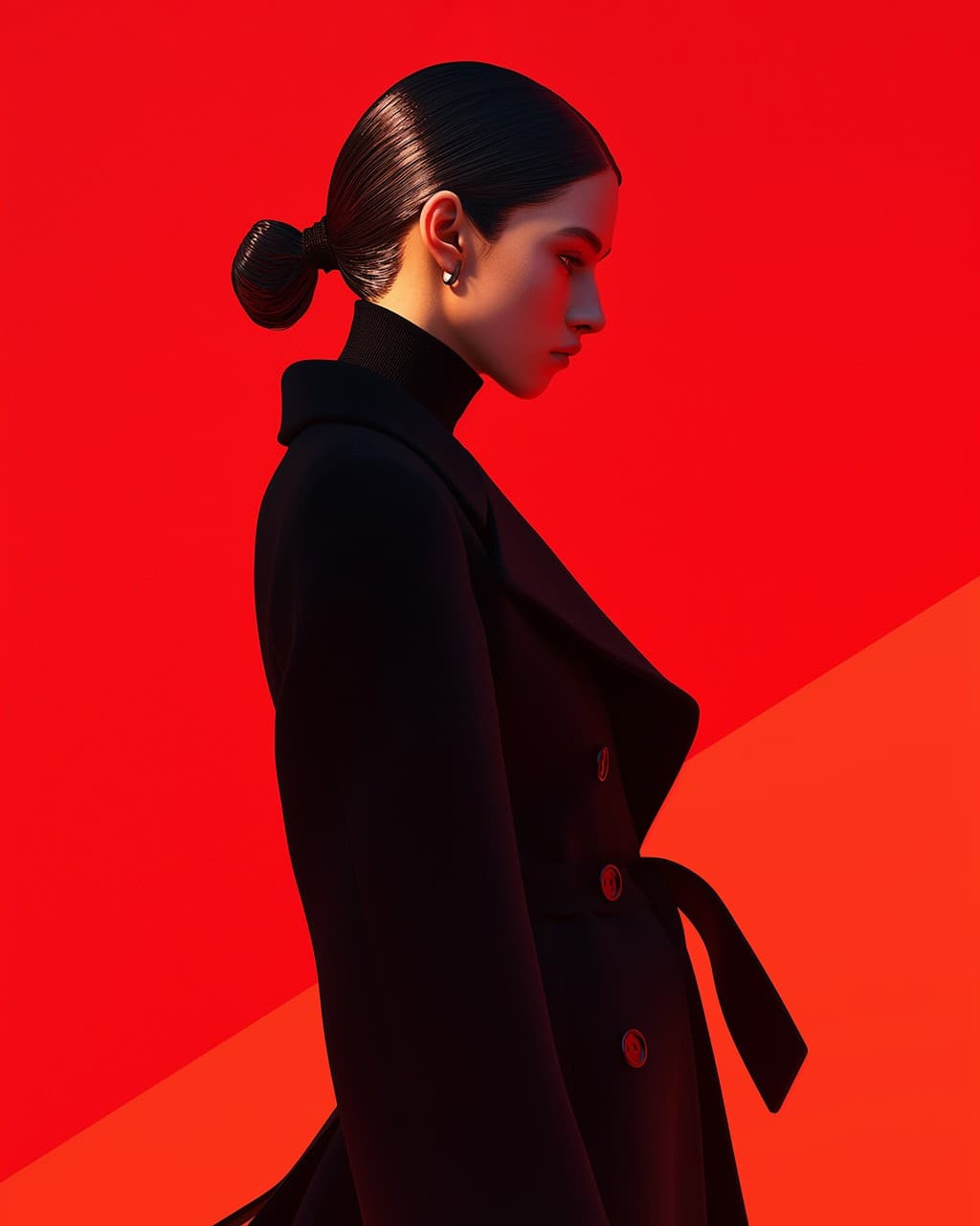 Woman in a black coat in profile against a red background